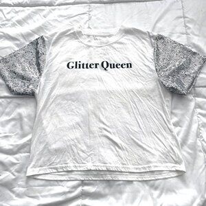 Mighty Fine White "Glitter Queen" Graphic Cropped Tee with Sequin Sleeves